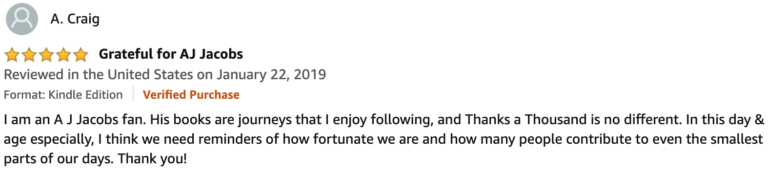 Reader review of Thanks A Thousand by A.J. Jacobs