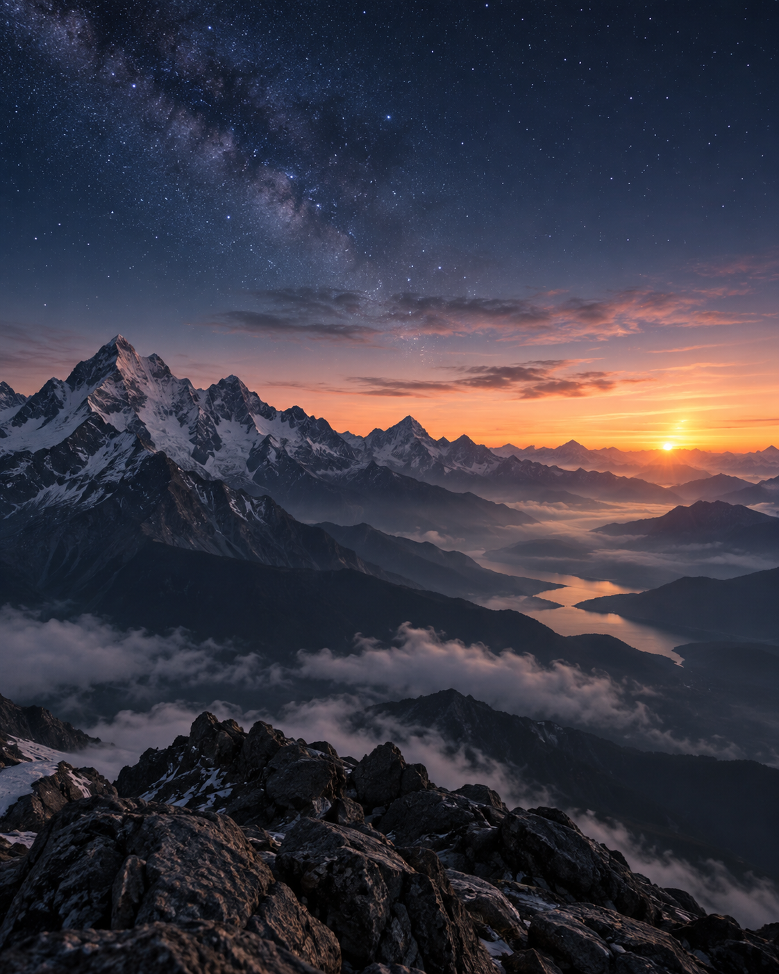 Stars above a mountain range as the first light of dawn appears