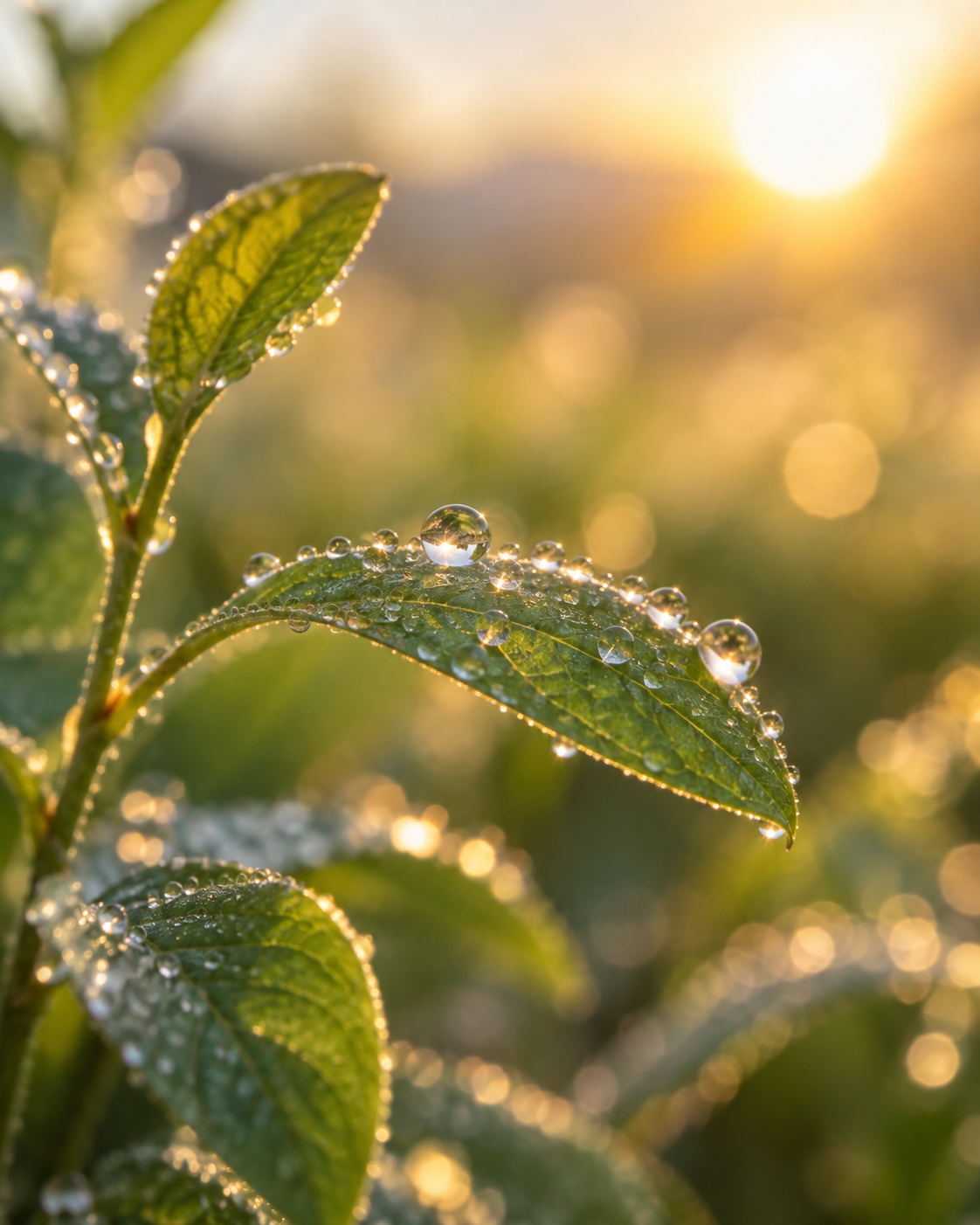 Morning dew sparkling on green leaves in soft sunlight