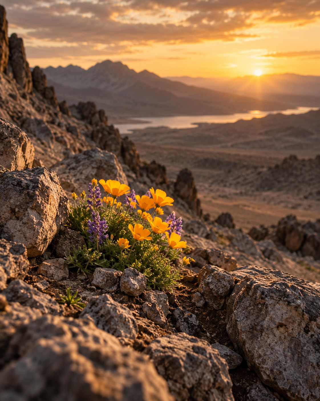 Wildflowers growing among rocky terrain in warm natural light