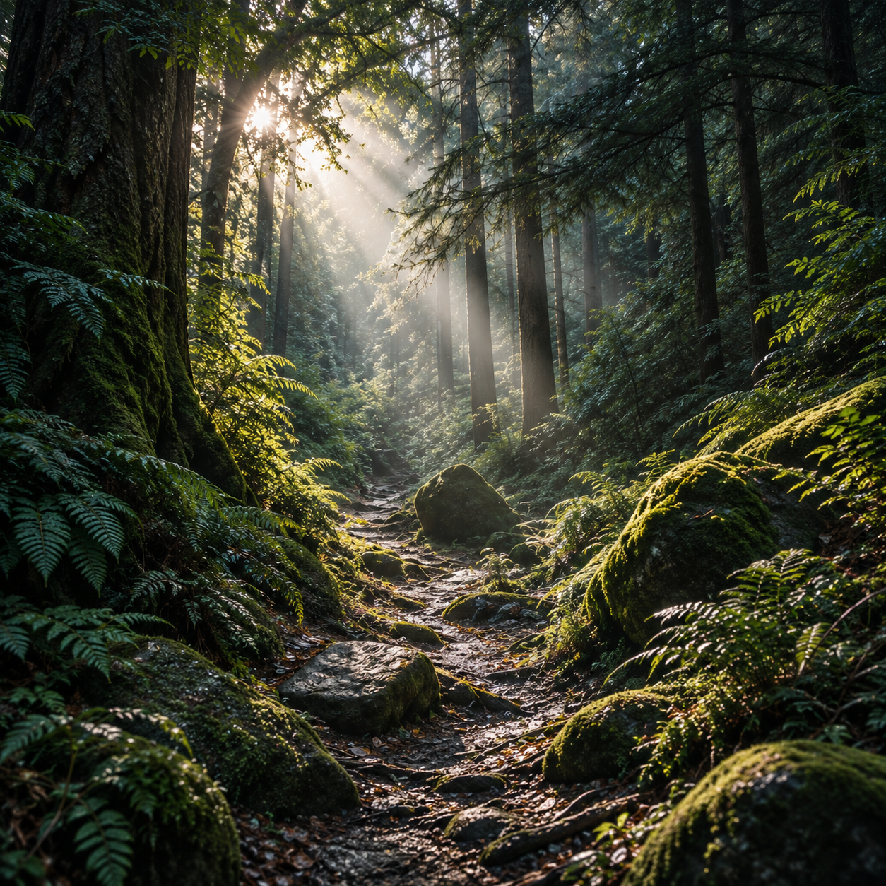 Misty Sunlit Forest Trail