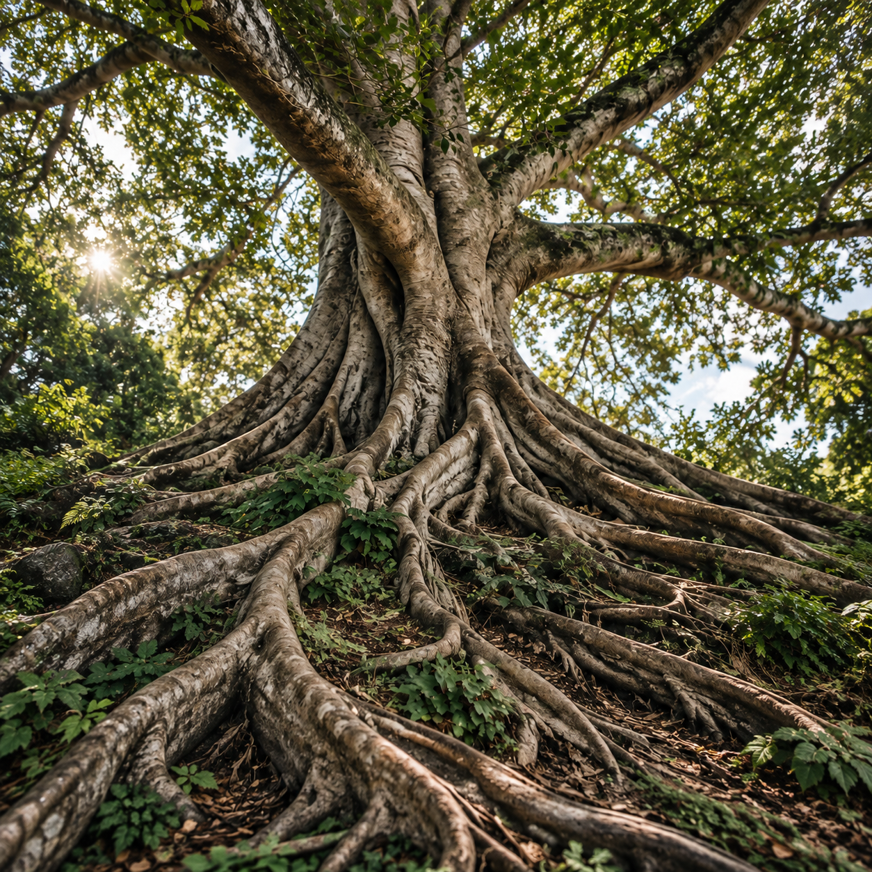 Ancient Tree Cathedral in Sunlit Forest