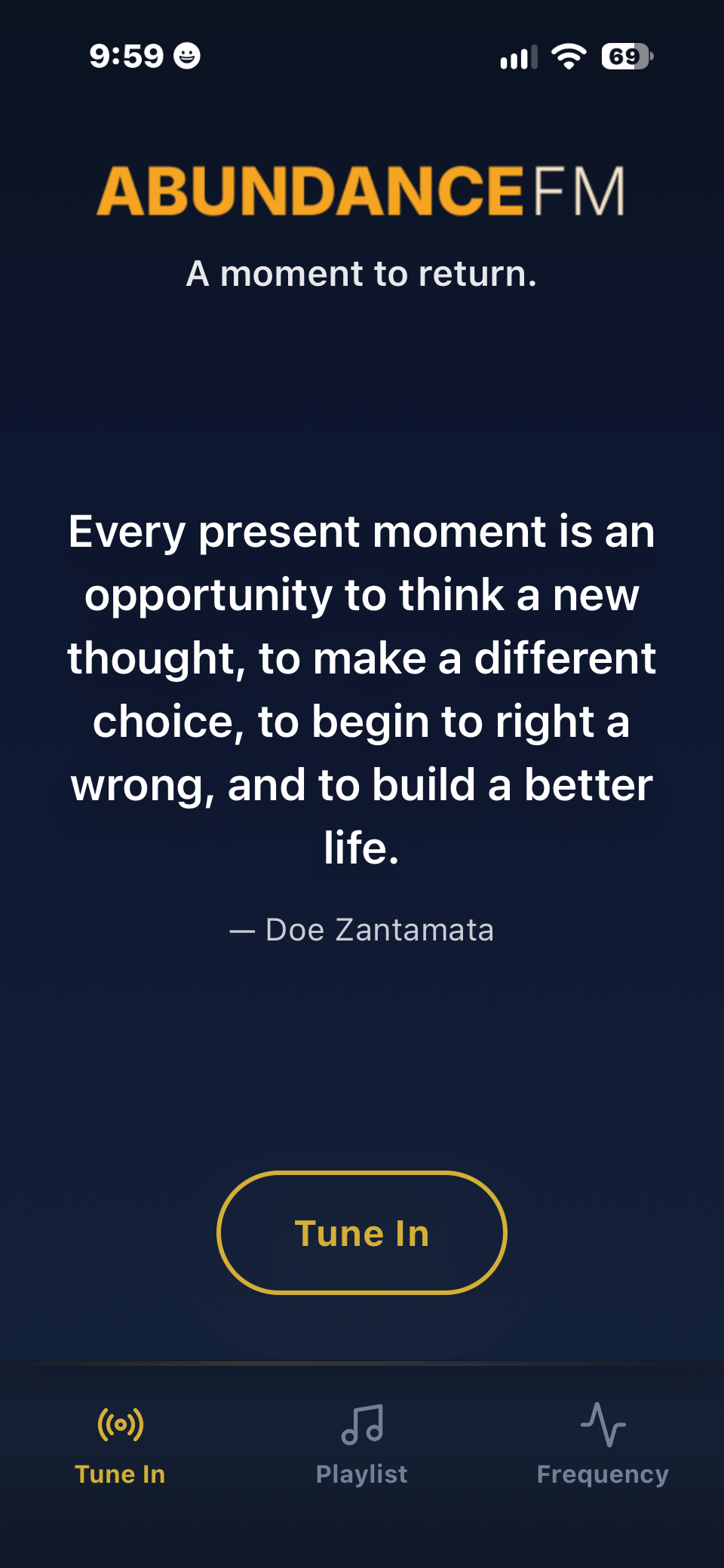 Abundance FM Tune In screen with a daily reflection and Tune In button