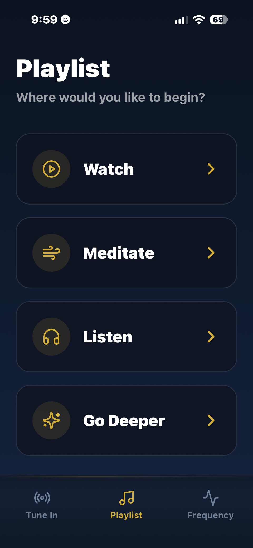 Abundance FM Playlist screen with Watch, Meditate, Listen, and Go Deeper options