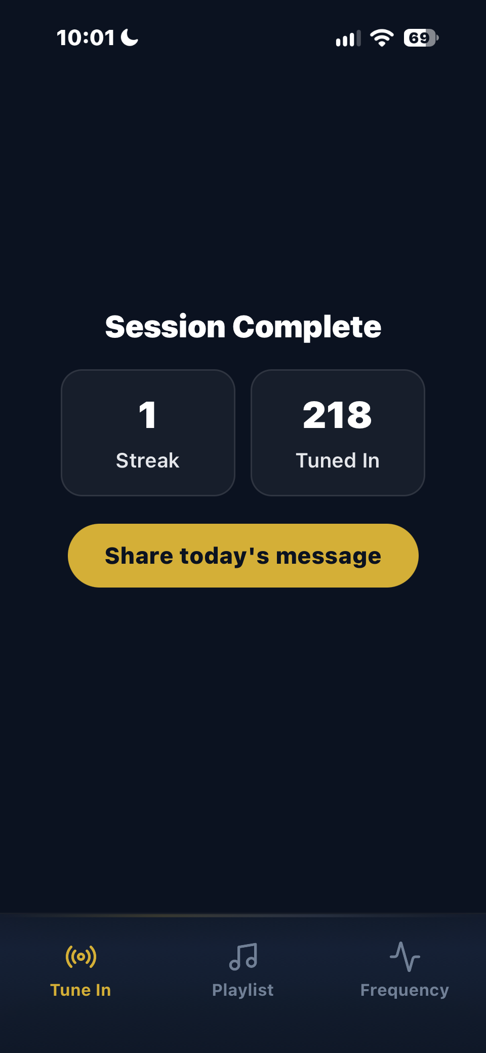 Abundance FM completed session screen showing streak and total Tune Ins